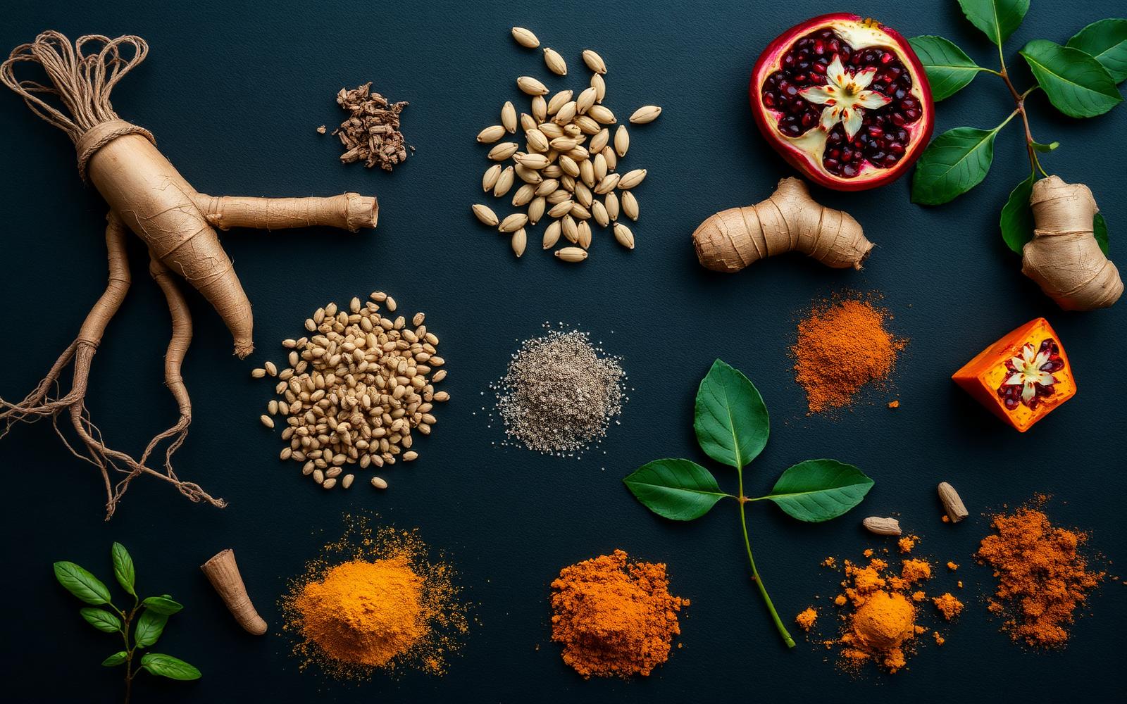 Natural ingredients used in Holy Vigor: ginseng, fenugreek, pomegranate, ginger, turmeric